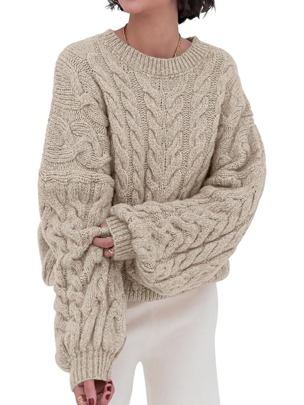 Women's Khaki Cable Knit Long Sleeve Crewneck Oversized Chunky Loose Sweaters